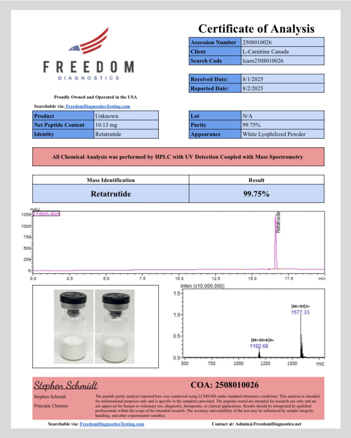 Certificate of Analysis from Freedom Diagnostics with test results and product images.